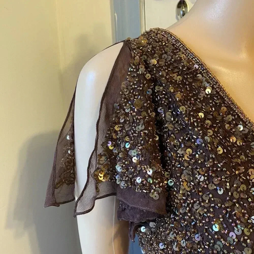 VTG Scala Silk Sequins V Neck Whimsigoth Fairy Lady 12 Evening Party Blouse Top - Picture 7 of 12